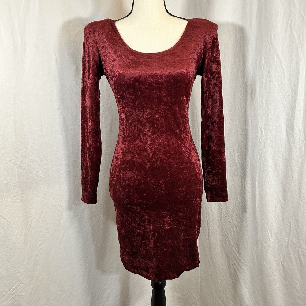 Vintage All That Jazz Crushed Velvet Bodycon Mini Dress 80s 90s Size S Burgundy